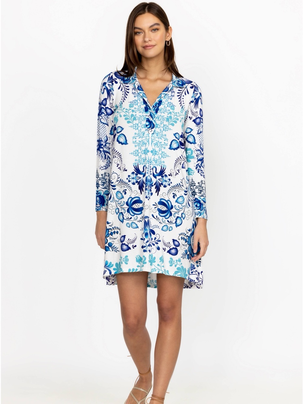 Johnny Was Blue and White Floral Swim Coverup Tunic